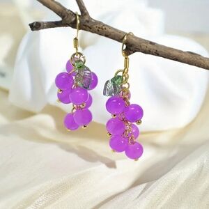 New! Cute Grape Beaded Charm Hook Earrings